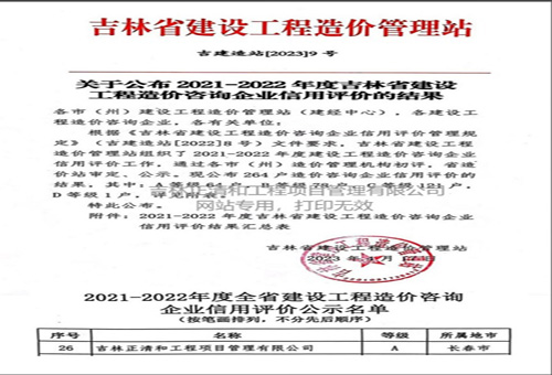 2021-2022年度吉林省建設工程造價咨詢企業(yè)信用評價A級